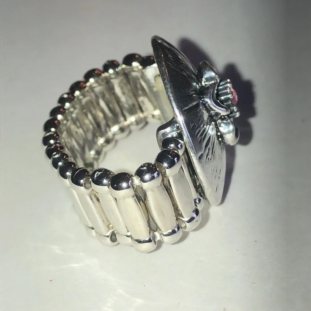 Silver Tone Floral Ring with Pink CZ Accent
